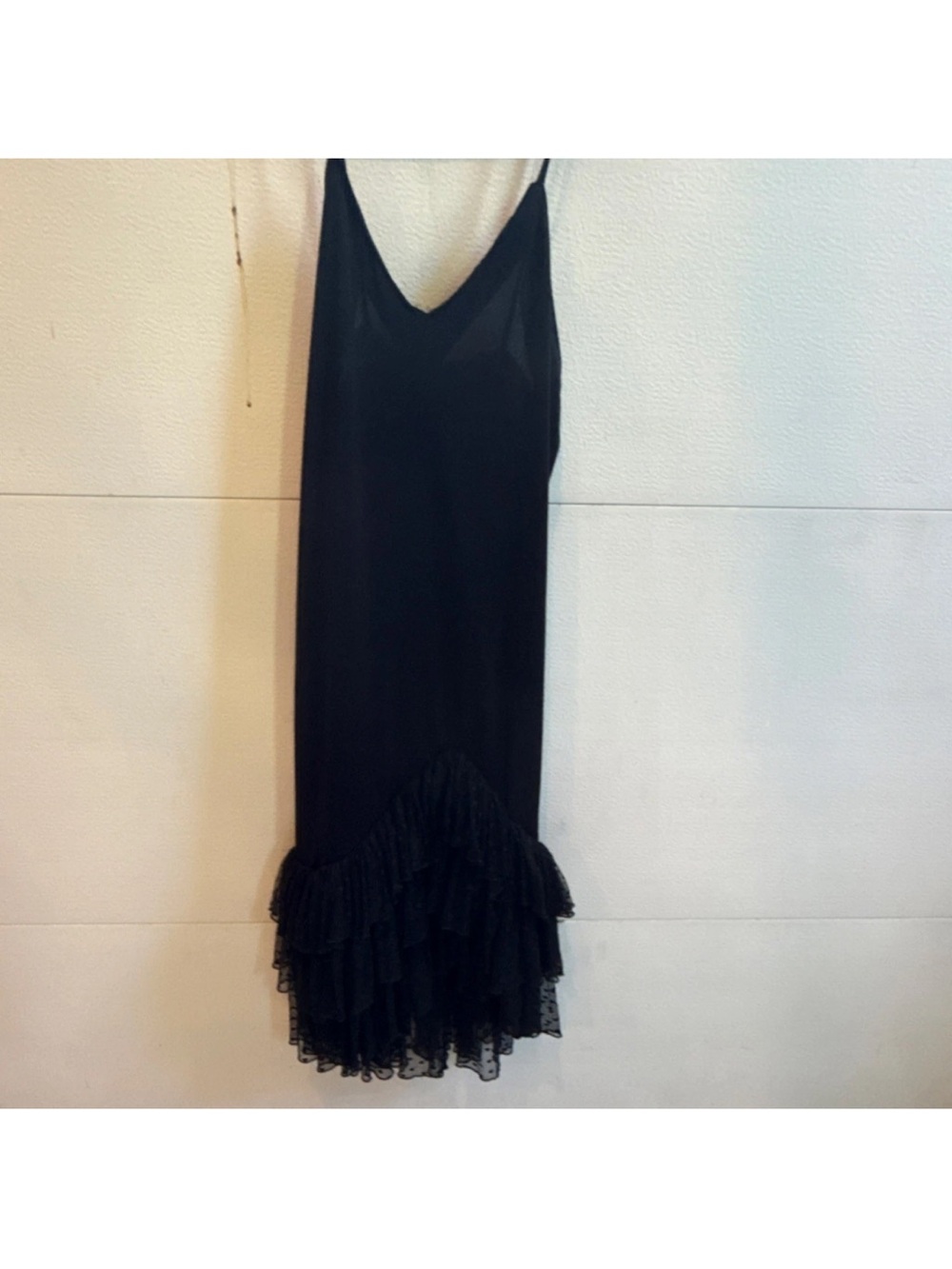Black Slip Dress with Tiered Lace Ruffle Hem